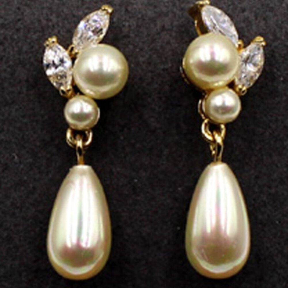 14K CZ and Pearl Dangle Drop Earrings